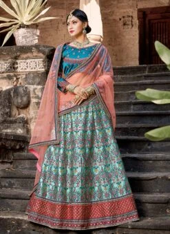 Sky Blue Satin Blend Resham Umbrella Lehenga Festive Wear -C Bazaar Shop sky blue satin blend resham umbrella lehenga ghsad1502 u