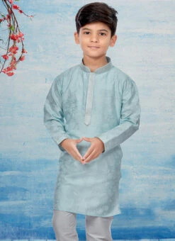 Sky Blue Silk Dupion Printed Kids Kurta Pyjama Party Wear -C Bazaar Shop sky blue silk dupion printed kids kurta pyjama kdbsgrk723 b