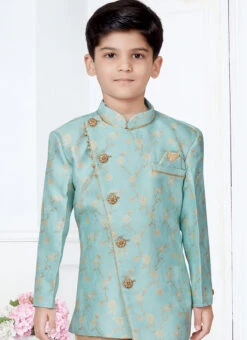 Sky Blue Silk Jacquard Work Indowestern Sherwani Party Wear -C Bazaar Shop sky blue silk jacquard work indowestern sherwani kdbmsgr514 b