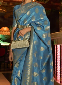 Sky Blue Silk Zari Work Saree Festive Wear