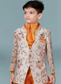 Slate Grey Silk Jacquard Indowestern Sherwani Party Wear -C Bazaar Shop slate grey silk jacquard indowestern sherwani kdbmsgr522 b