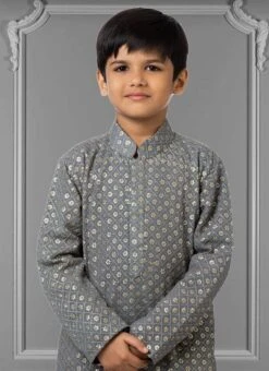 Smokey Grey Georgette Embroidered Boys Kurta Pyjama Party Wear -C Bazaar Shop smokey grey georgette embroidered boys kurta pyjama kdbkvs736 b