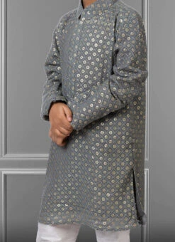 Smokey Grey Georgette Embroidered Boys Kurta Pyjama Party Wear