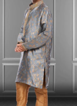 Smokey Grey Jacquard Silk Boys Kurta Pyjama Party Wear