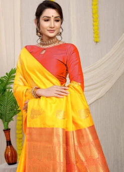 Soft Patola Silk Zari Weaving Work Yellow Color Saree Party Wear -C Bazaar Shop soft patola silk zari weaving work yellow color saree sasom110834 b