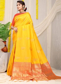Soft Patola Silk Zari Weaving Work Yellow Color Saree Party Wear -C Bazaar Shop soft patola silk zari weaving work yellow color saree sasom110834 u