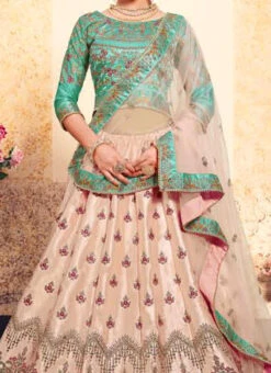 Soft Peach Satin Embroidered Umbrella Lehenga Wedding Wear