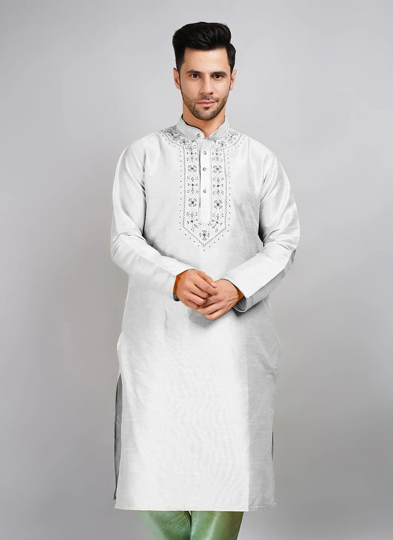 Steel Grey Art Silk Embroidered Kurta 2 Steel Grey Art Silk Embroidered Kurta - Image 2
