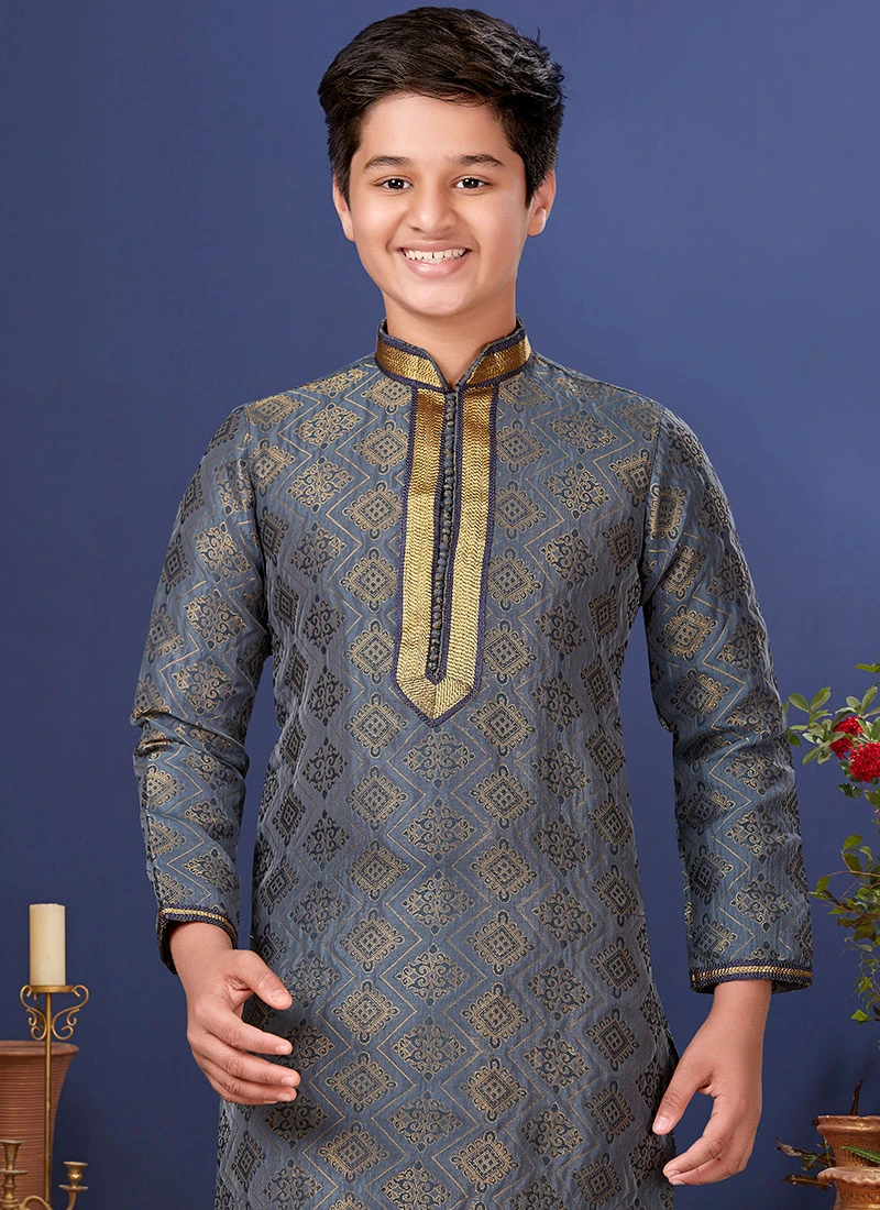 Stone Blue Jacquard Silk Kurta Pyjama 3 Stone Blue Jacquard Silk Kurta Pyjama - Image 3