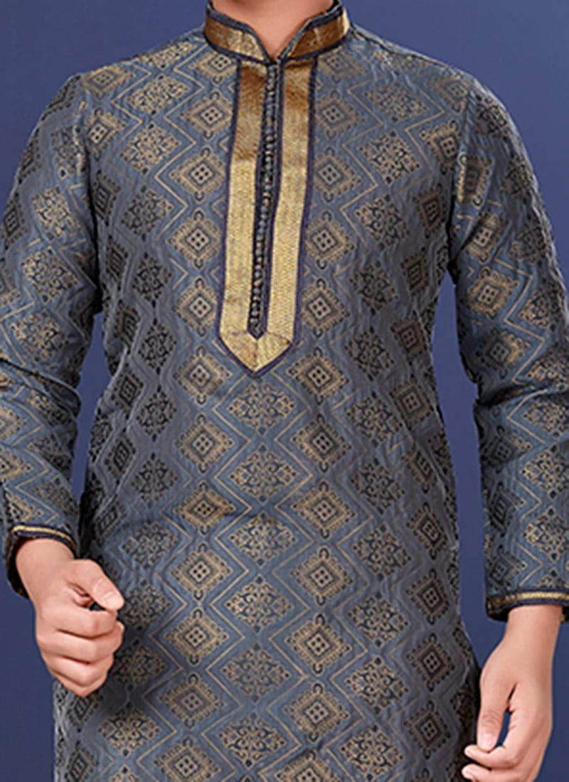 Stone Blue Jacquard Silk Kurta Pyjama 1 Stone Blue Jacquard Silk Kurta Pyjama