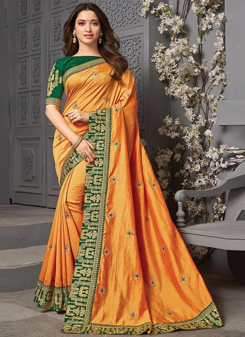 Tamanna Bhatia Mustard Vichitra Silk Embroidered Saree Party Wear 3 Tamanna Bhatia Mustard Vichitra Silk Embroidered Saree Party Wear - Image 3
