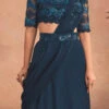 Teal Blue Chinon Silk Embroidered Ready Pleated Saree Party Wear
