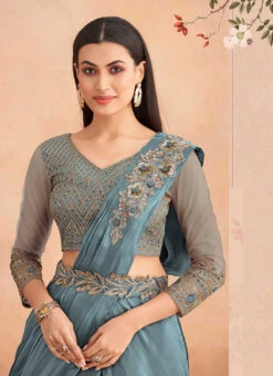 Teal Blue Chinon Silk Ready Pleated Saree Party Wear 7 Teal Blue Chinon Silk Ready Pleated Saree Party Wear -C Bazaar Shop teal blue chinon silk ready pleated saree saska36367304b b