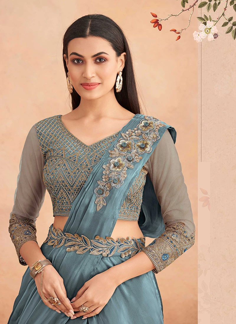 Teal Blue Chinon Silk Ready Pleated Saree Party Wear 4 Teal Blue Chinon Silk Ready Pleated Saree Party Wear - Image 4