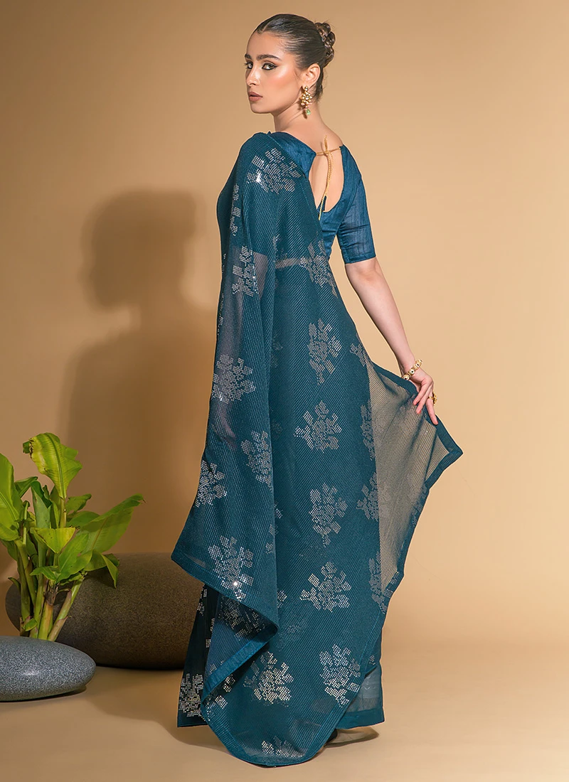 Teal Blue Color Sequins Work Georgette Saree Festive Wear 4 Teal Blue Color Sequins Work Georgette Saree Festive Wear - Image 4