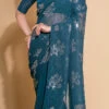 Teal Blue Color Sequins Work Georgette Saree Festive Wear