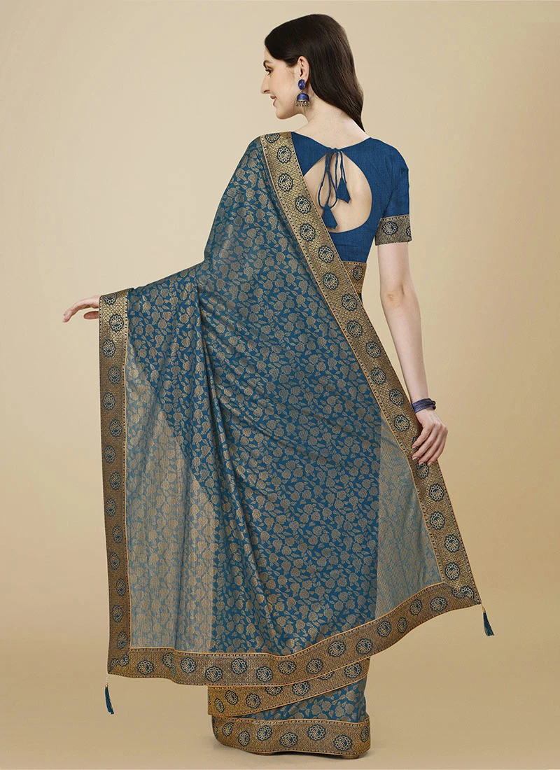Teal Blue Color Zari Work Lycra Saree Festive Wear 4 Teal Blue Color Zari Work Lycra Saree Festive Wear - Image 4