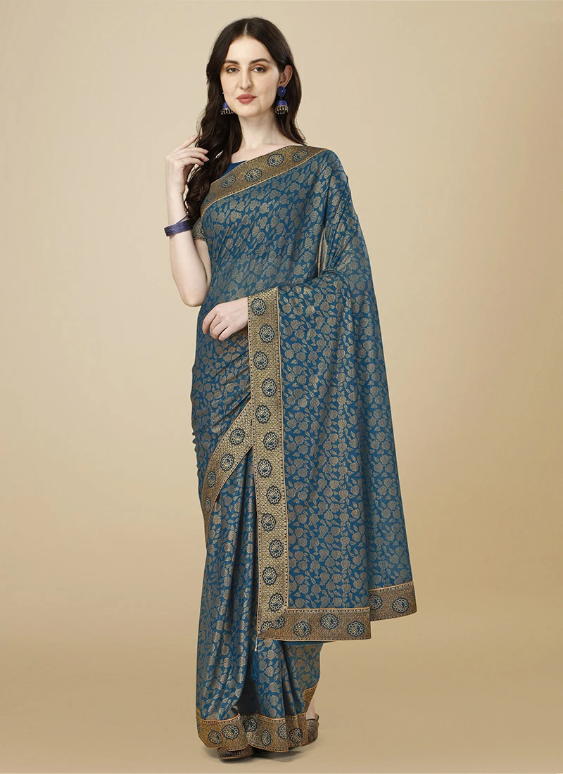 Teal Blue Color Zari Work Lycra Saree Festive Wear 3 Teal Blue Color Zari Work Lycra Saree Festive Wear - Image 3