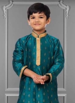 Teal Blue Dhupion Silk Foil Printed Boys Kurta Pyjama Party Wear -C Bazaar Shop teal blue dhupion silk foil printed boys kurta pyjama kdbkvs675 b