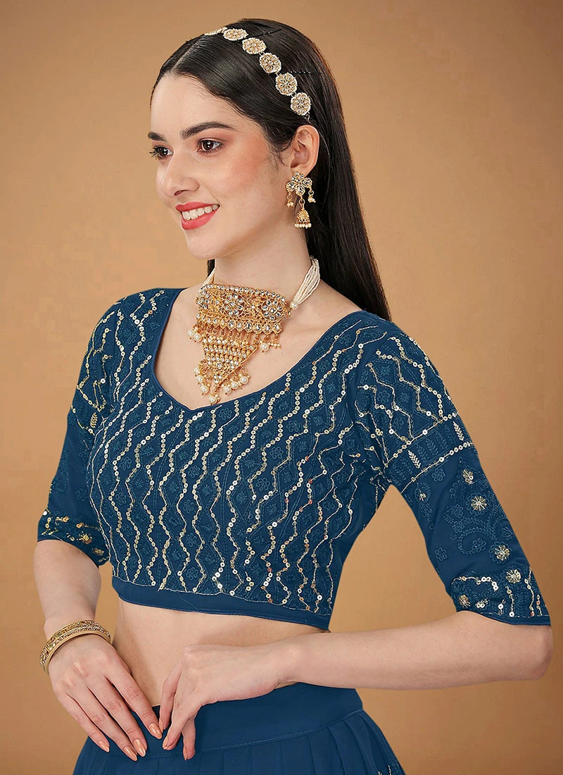 Teal Blue Faux Georgette Embroidered Umbrella Lehenga Party Wear 4 Teal Blue Faux Georgette Embroidered Umbrella Lehenga Party Wear - Image 4