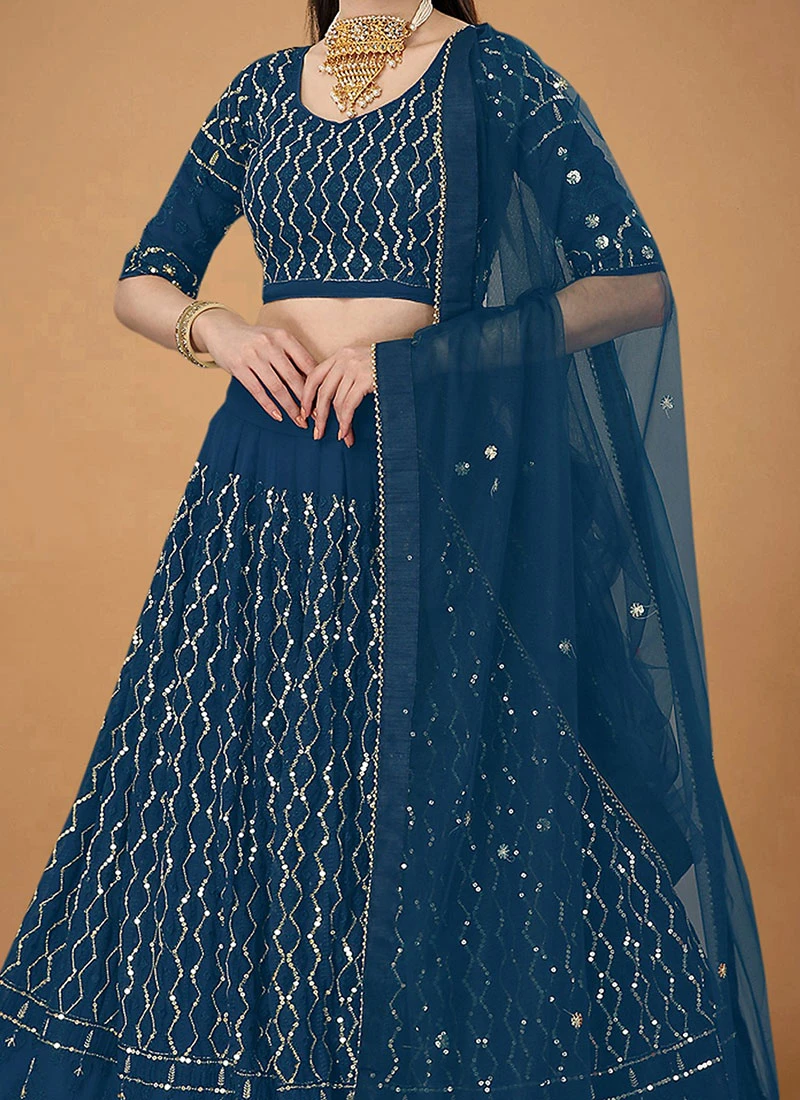 Teal Blue Faux Georgette Embroidered Umbrella Lehenga Party Wear 1 Teal Blue Faux Georgette Embroidered Umbrella Lehenga Party Wear