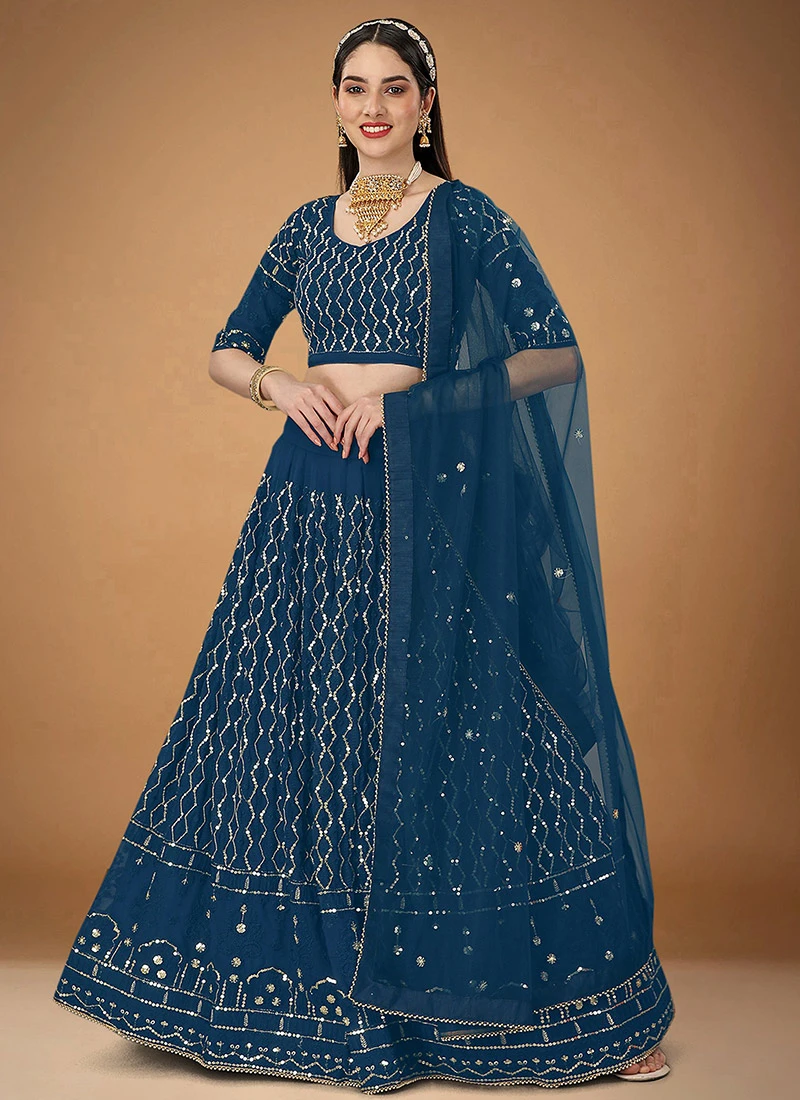 Teal Blue Faux Georgette Embroidered Umbrella Lehenga Party Wear 3 Teal Blue Faux Georgette Embroidered Umbrella Lehenga Party Wear - Image 3