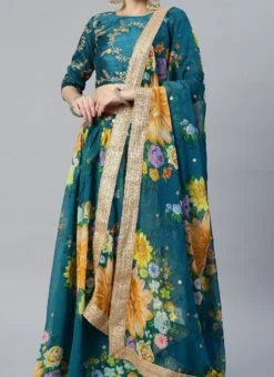 Teal Blue Georgette Digital Printed Work Umbrella Lehenga Party Wear