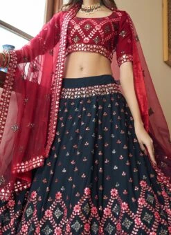 Teal Blue Georgette Embroidered Umbrella Lehenga Wedding Wear