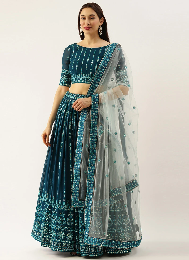 Teal Blue Georgette Embroidered Umbrella Lehenga Party Wear 3 Teal Blue Georgette Embroidered Umbrella Lehenga Party Wear - Image 3