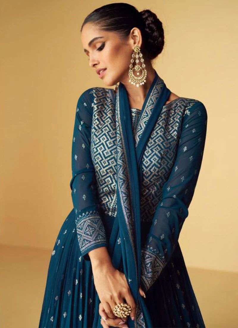 Teal Blue Georgette Embroidery Anarkali Suit Party Wear 4 Teal Blue Georgette Embroidery Anarkali Suit Party Wear - Image 4