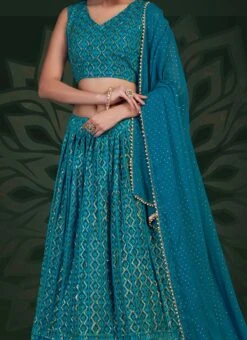 Teal Blue Georgette Embroidery N Sequins Umbrella Lehenga Party Wear