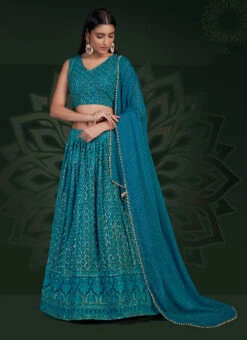 Teal Blue Georgette Embroidery N Sequins Umbrella Lehenga Party Wear -C Bazaar Shop teal blue georgette embroidery n sequins umbrella lehenga ghska439930001 u