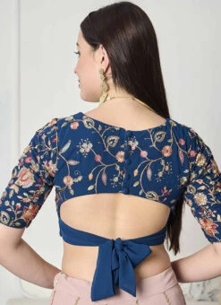 Teal Blue Gerogette Embroidered Blouse Festive Wear -C Bazaar Shop teal blue gerogette embroidered blouse BLBS02307616 b