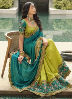 Teal Blue N Green Silk Zari Embroidery Work Half N Half Saree Party Wear -C Bazaar Shop teal blue n green silk zari embroidery work half n half saree samkns102214051 b