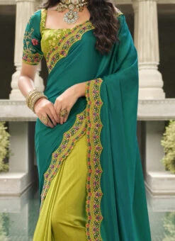 Teal Blue N Green Silk Zari Embroidery Work Half N Half Saree Party Wear