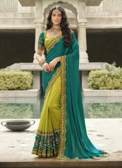 Teal Blue N Green Silk Zari Embroidery Work Half N Half Saree Party Wear -C Bazaar Shop teal blue n green silk zari embroidery work half n half saree samkns102214051 u