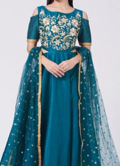 Teal Blue Pure Silk Hand Embroidery Anarkali Suit Party Wear