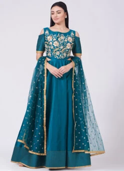 Teal Blue Pure Silk Hand Embroidery Anarkali Suit Party Wear -C Bazaar Shop teal blue pure silk hand embroidery anarkali suit sldvcsvak188 u