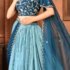 Teal Blue Pure Silk Hand Work A Line Lehenga Party Wear