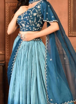 Teal Blue Pure Silk Hand Work A Line Lehenga Party Wear