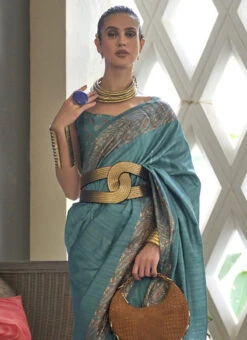 Teal Blue Silk Zari Work Saree Festive Wear -C Bazaar Shop teal blue silk zari work saree samkns1032304005 b