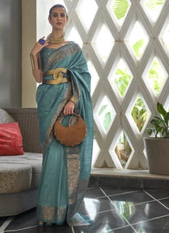 Teal Blue Silk Zari Work Saree Festive Wear -C Bazaar Shop teal blue silk zari work saree samkns1032304005 u