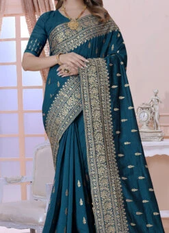 Teal Blue Vichitra Silk Embroidered Saree Festive Wear