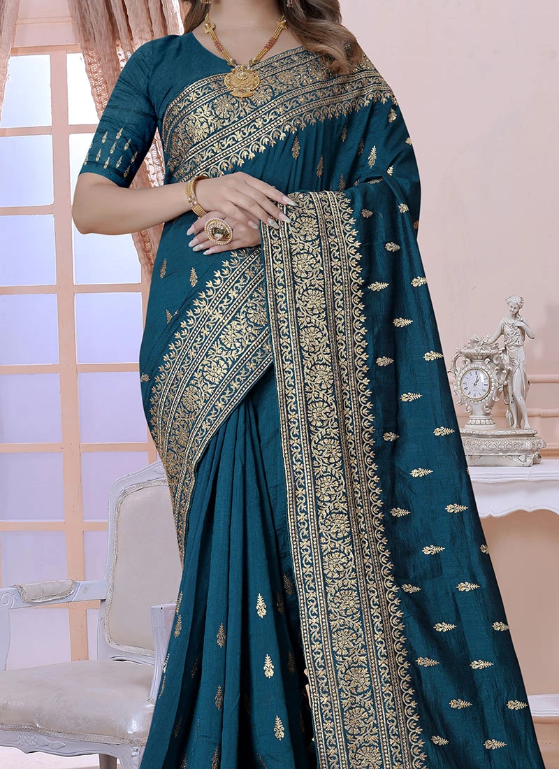 Teal Blue Vichitra Silk Embroidered Saree Festive Wear 1 Teal Blue Vichitra Silk Embroidered Saree Festive Wear