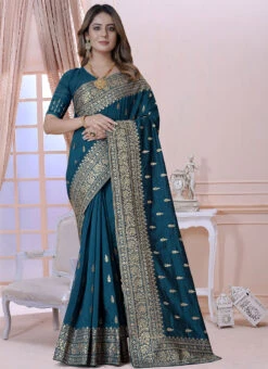 Teal Blue Vichitra Silk Embroidered Saree Festive Wear 6 Teal Blue Vichitra Silk Embroidered Saree Festive Wear -C Bazaar Shop teal blue vichitira silk embroidered saree sasun2006 u