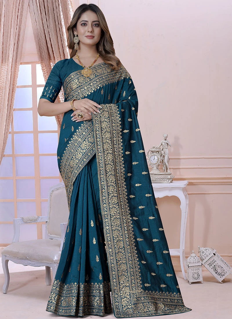 Teal Blue Vichitra Silk Embroidered Saree Festive Wear 3 Teal Blue Vichitra Silk Embroidered Saree Festive Wear - Image 3