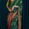 Teal Brasso Printed Sari Party Wear