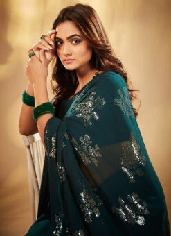 Teal Faux Georgette Sequins Sari Party Wear -C Bazaar Shop teal faux georgette sequins sari sasacw8813 b