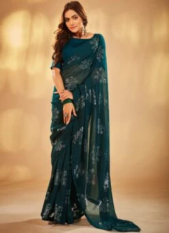 Teal Faux Georgette Sequins Sari Party Wear -C Bazaar Shop teal faux georgette sequins sari sasacw8813 u