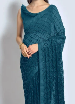 Teal Georgette Sequins Saree Party Wear